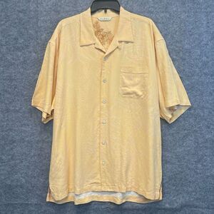 TOMMY BAHAMA 100% Silk Shirt Men's XL Peach‎ Embroidered Textured Palm Button-up